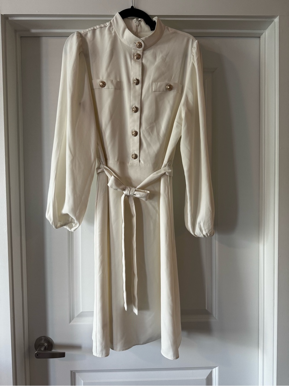 Ann Taylor Ivory Long-Sleeve Button Front Tie-Waist Dress